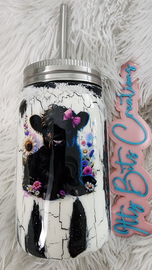 17 oz Black Crackle Mason Cow