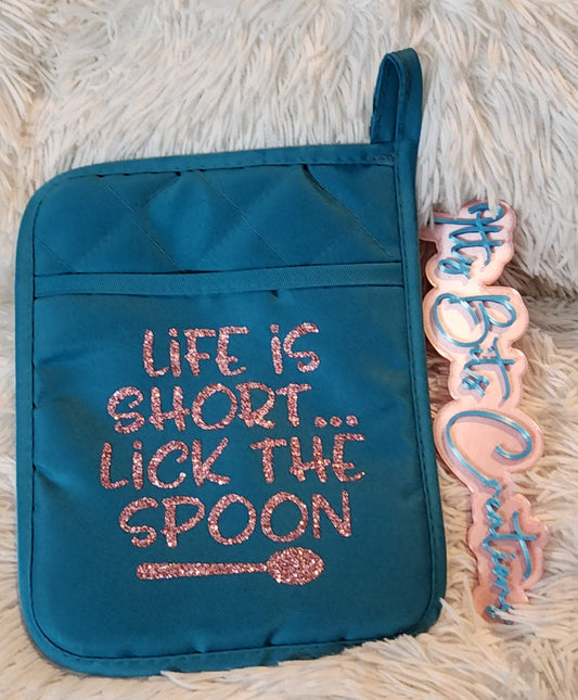 Lick The Spoon potholder blue