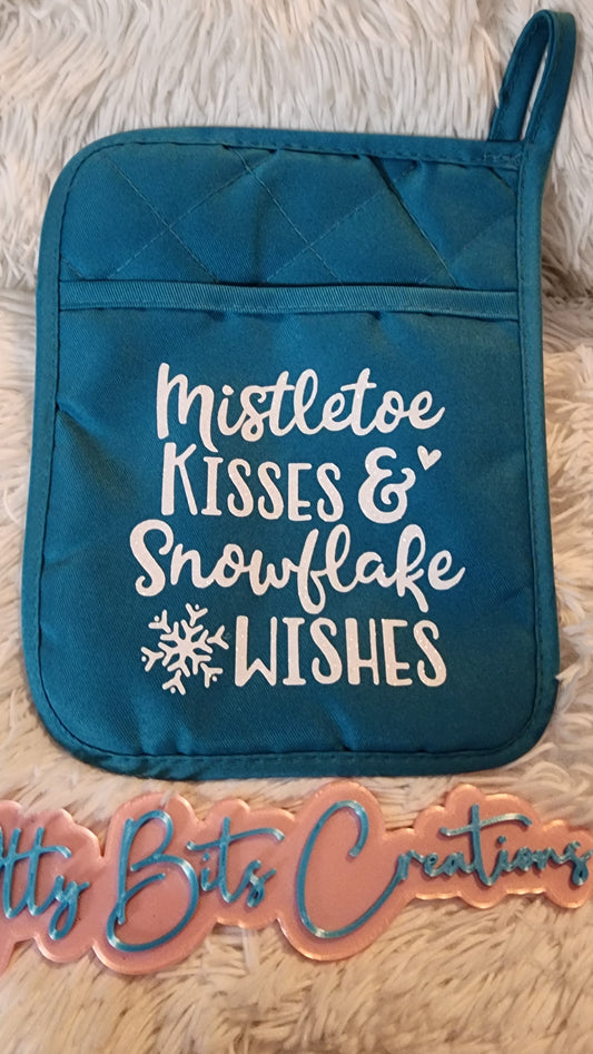 Mistletoe Kisses potholder blue
