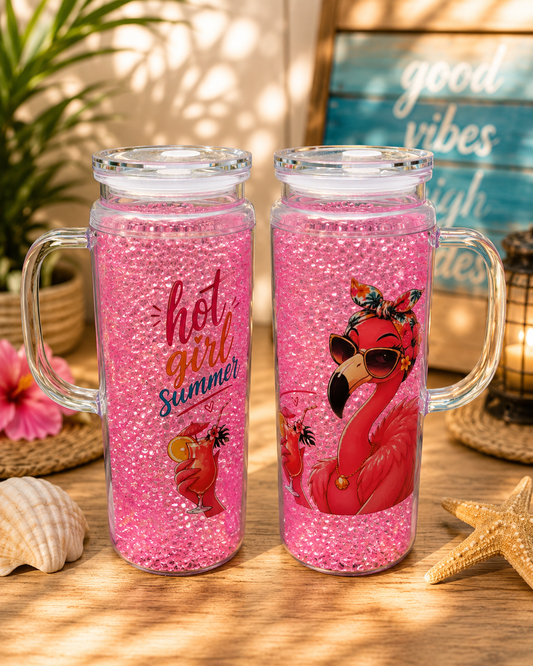 20 oz Hot Girl Summer flamingo rhinestone handle snowglobe
